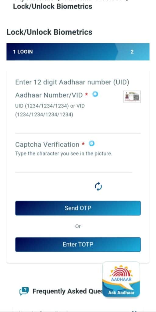 Aadhar card locking procedure